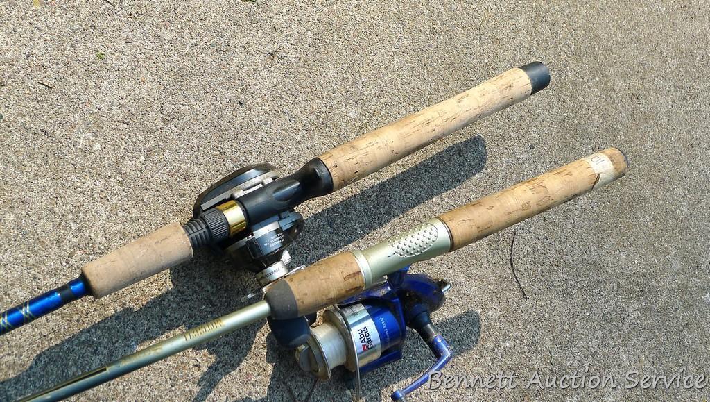 Two fishing rods with reels. One Cabela's Tourney Trail IM7 rod, one Mitchell graphite rod. One has