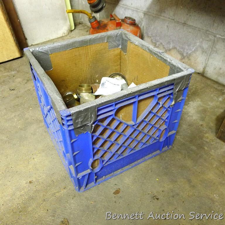 Partial crate full of plumbing fittings, includes nipples, copper and more.