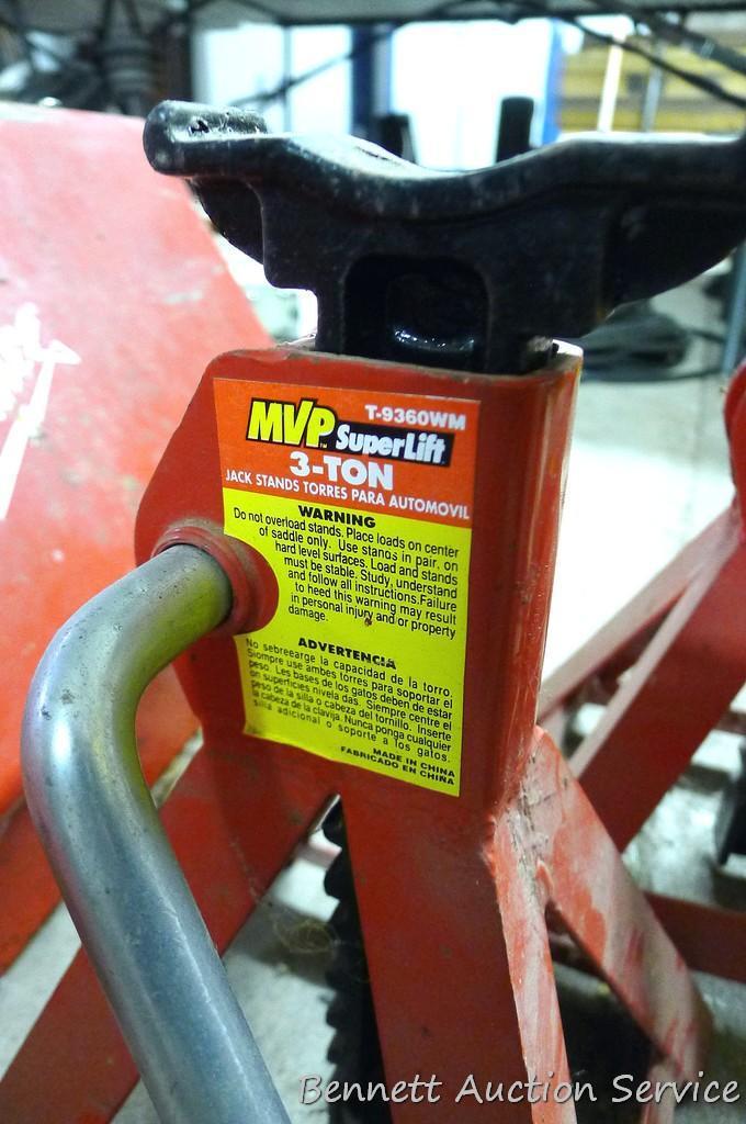 Two automotive 3 ton jack stands in good shape, stand 11" tall; 2 lighter duty jack stands.