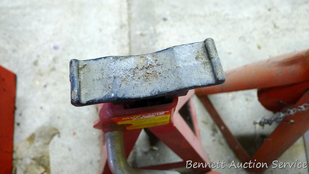 Two automotive 3 ton jack stands in good shape, stand 11" tall; 2 lighter duty jack stands.