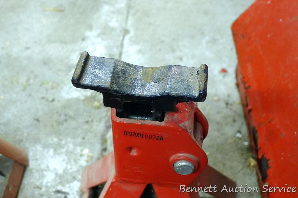 Two automotive 3 ton jack stands in good shape, stand 11" tall; 2 lighter duty jack stands.