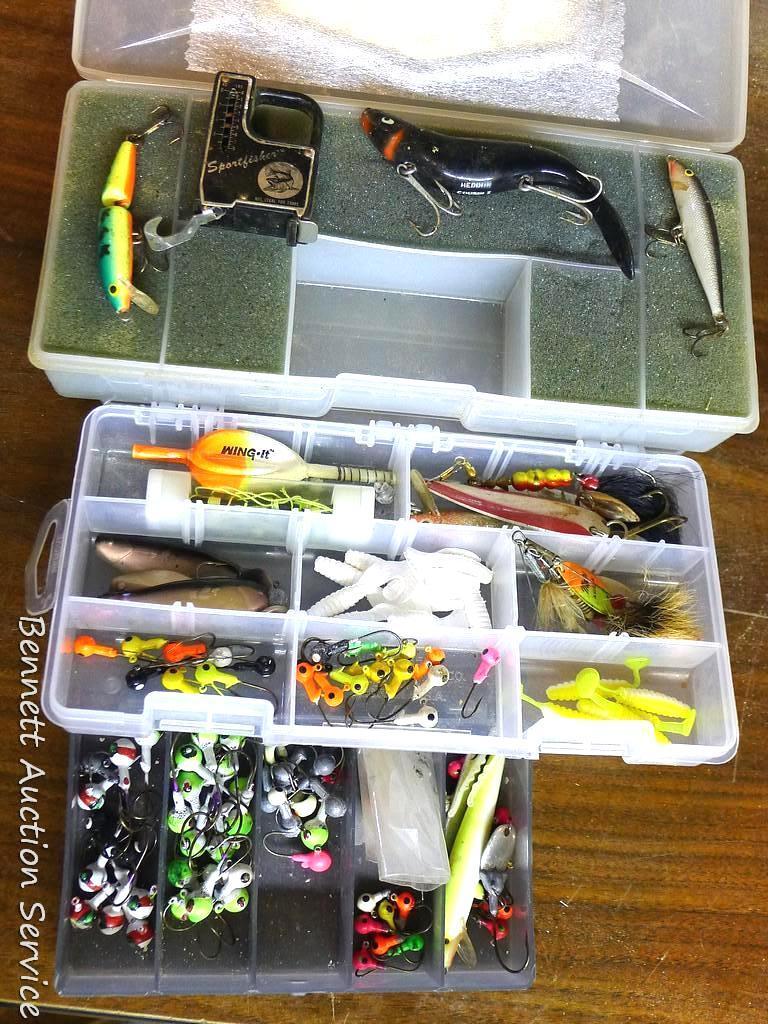 Three plastic bait boxes filled with baits; fishing scale largest box is 10" x 4" x 2".