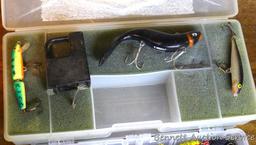 Three plastic bait boxes filled with baits; fishing scale largest box is 10" x 4" x 2".