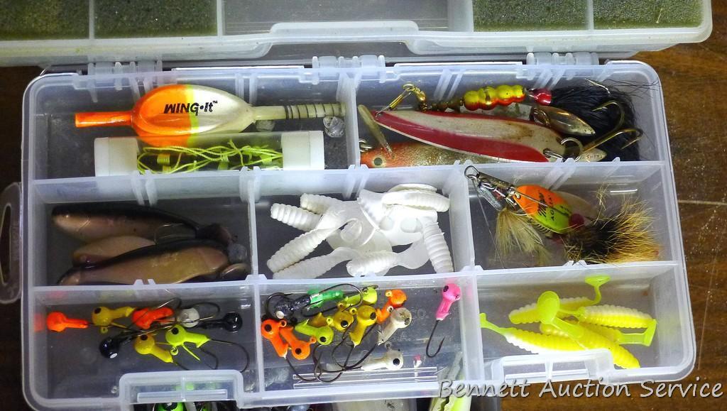 Three plastic bait boxes filled with baits; fishing scale largest box is 10" x 4" x 2".