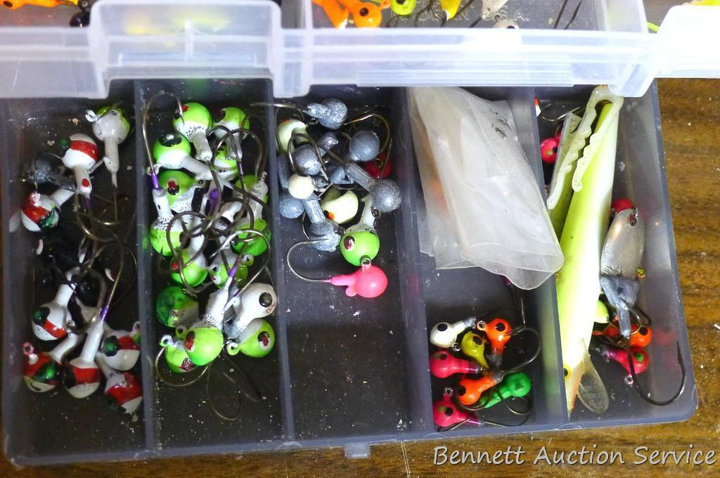 Three plastic bait boxes filled with baits; fishing scale largest box is 10" x 4" x 2".