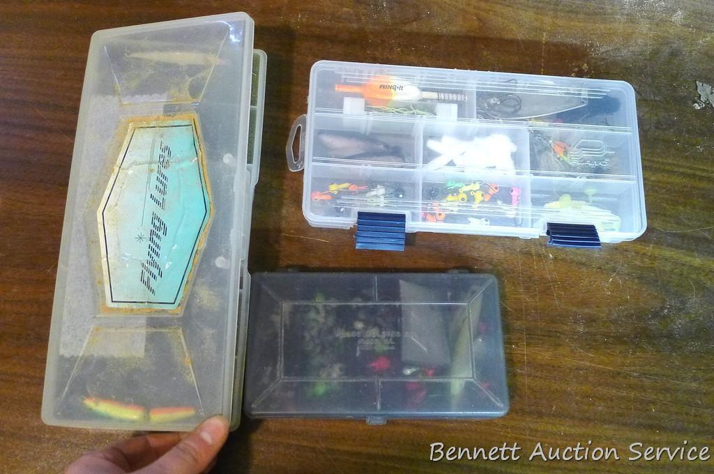 Three plastic bait boxes filled with baits; fishing scale largest box is 10" x 4" x 2".