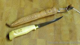Rapala fillet knife with J. Martliini Finland on, 8" long in leather sheaf,
