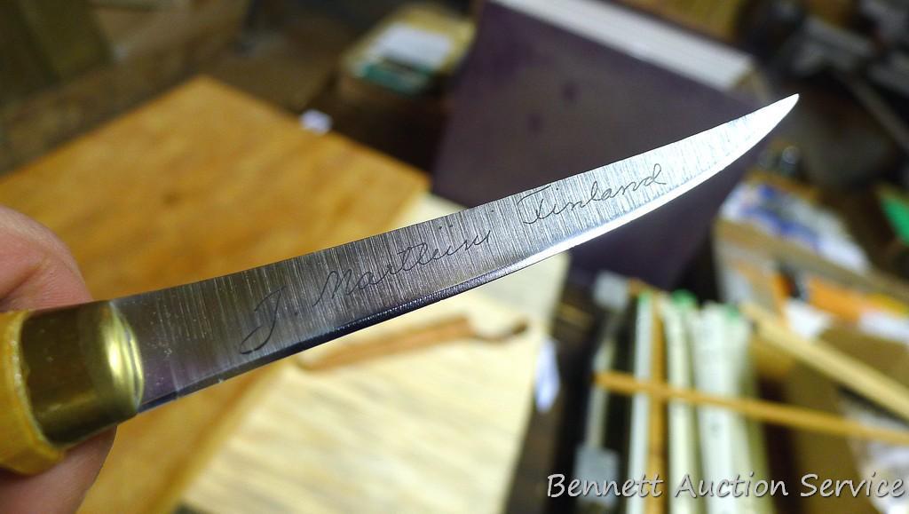 Rapala fillet knife with J. Martliini Finland on, 8" long in leather sheaf,