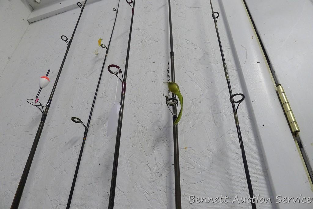 Five fishing rods with reels, tallest is 80" includes Cardinal with a graphite rod; St Croix; Zebco