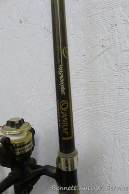 Five fishing rods with reels, tallest is 80" includes Cardinal with a graphite rod; St Croix; Zebco