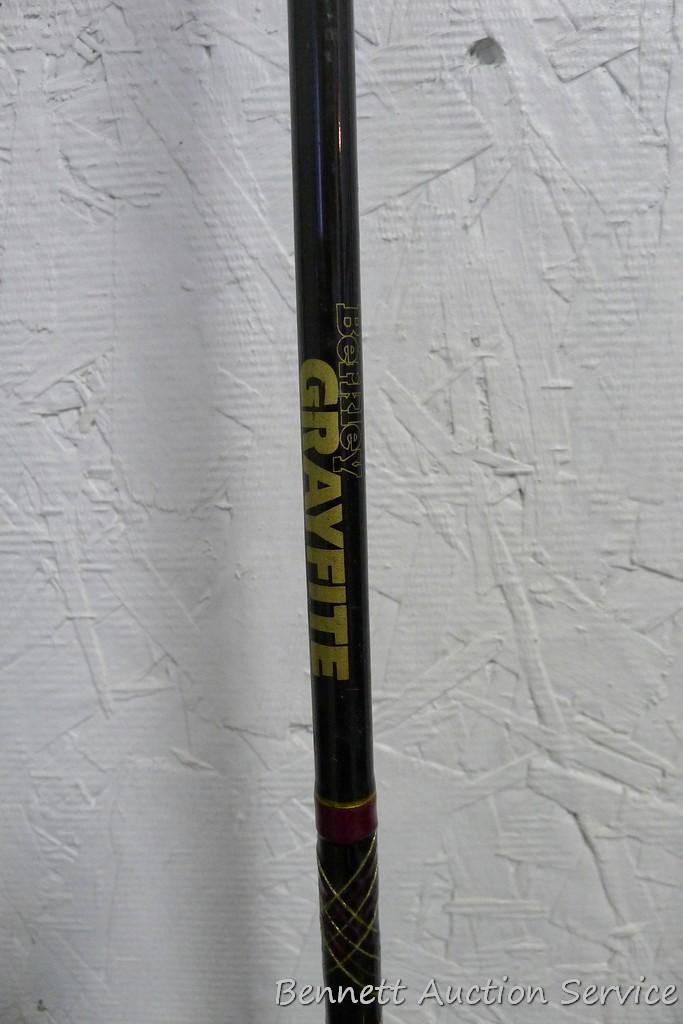 Five fishing rods with reels, tallest is 80" includes Cardinal with a graphite rod; St Croix; Zebco