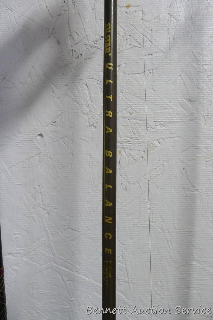 Five fishing rods with reels, tallest is 80" includes Cardinal with a graphite rod; St Croix; Zebco