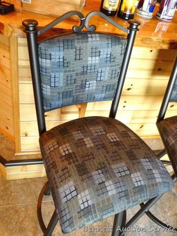 Pair of sturdy steel framed swiveling bar, bistro or coffee shop stools. Stand 45" to top of back,