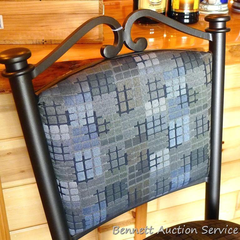 Pair of sturdy steel framed swiveling bar, bistro or coffee shop stools. Stand 45" to top of back,