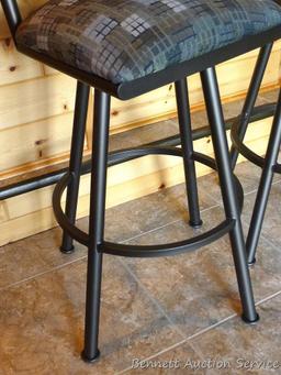 Pair of sturdy steel framed swiveling bar, bistro or coffee shop stools. Stand 45" to top of back,
