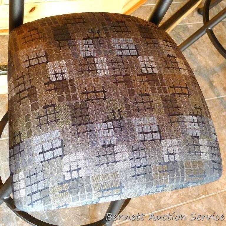 Pair of sturdy steel framed swiveling bar, bistro or coffee shop stools. Stand 45" to top of back,