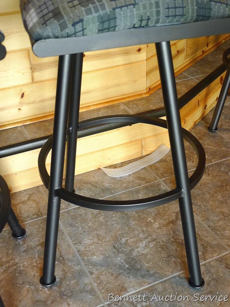 Pair of sturdy steel framed swiveling bar, bistro or coffee shop stools. Stand 45" to top of back,