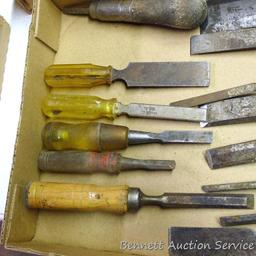 Wood chisels includes Stanley, Fuller and more. Largest 1-1/2" x 7" long.
