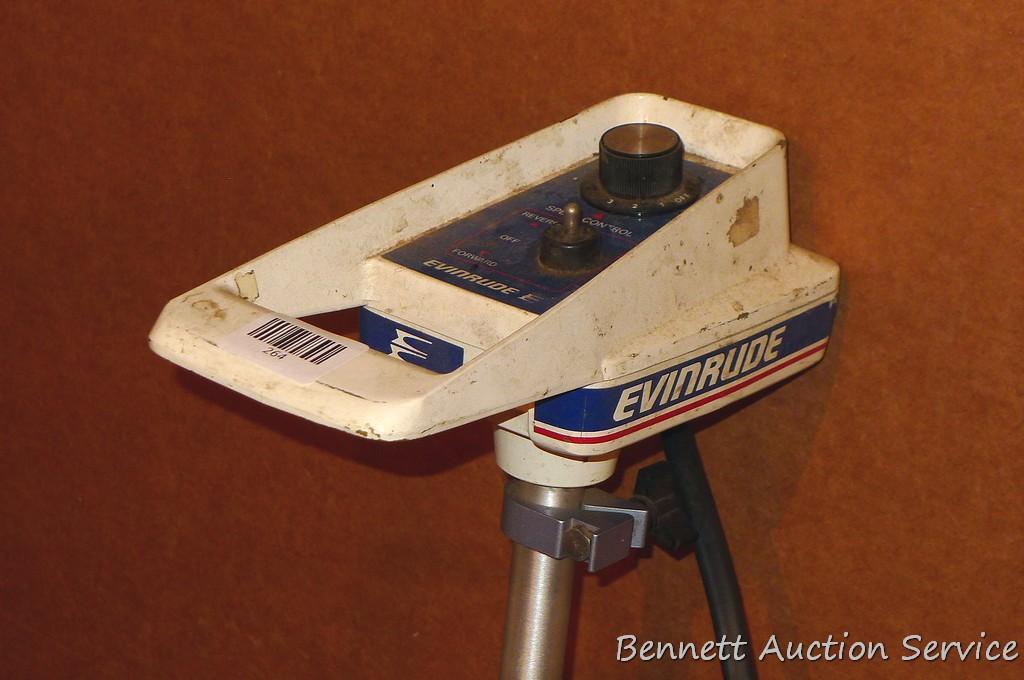 Evinrude Scout trolling motor Model No. ET120 with three speed control settings. Cord is taped,