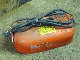 Metal outboard motor gas can includes hose 10" x 19" x 7".