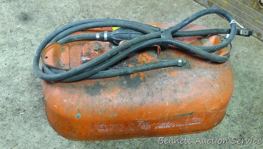 Metal outboard motor gas can includes hose 10" x 19" x 7".