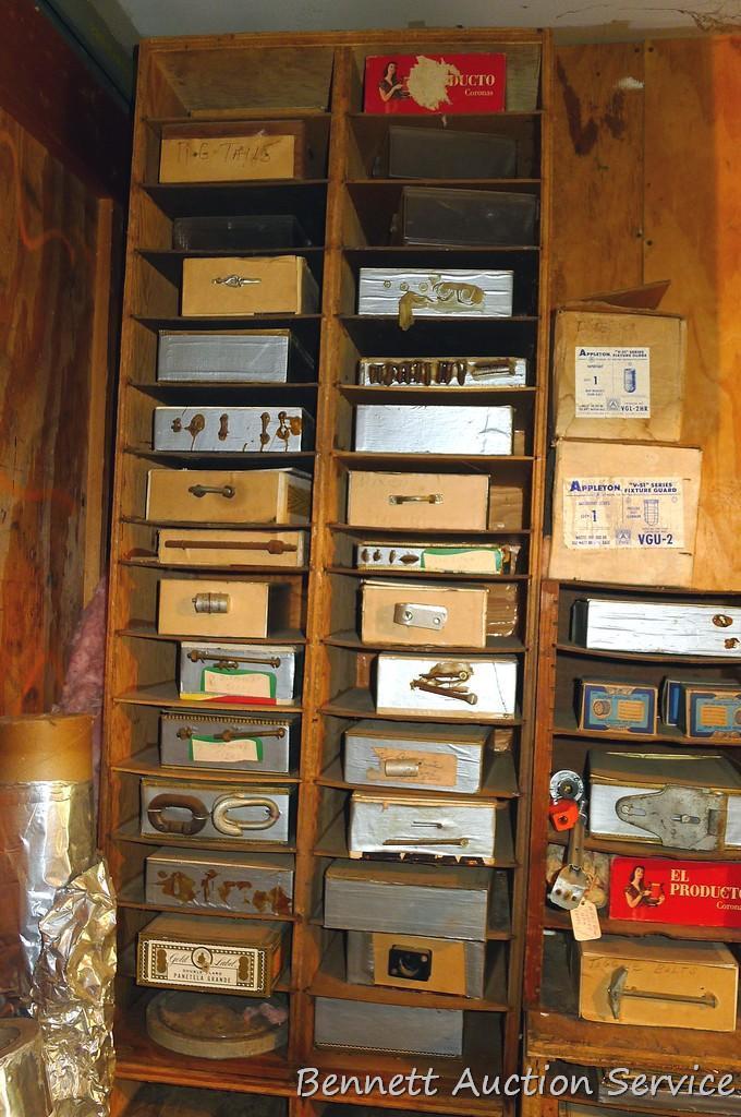 Shelving, boxes and contents. Includes hinges, screws, chain repair links and more.