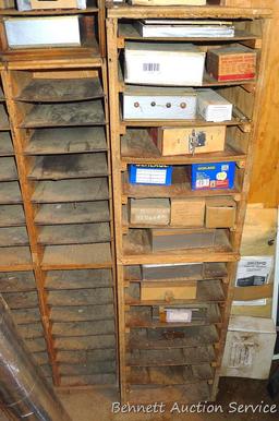 Shelving, boxes and contents. Includes hinges, screws, chain repair links and more.