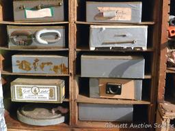 Shelving, boxes and contents. Includes hinges, screws, chain repair links and more.