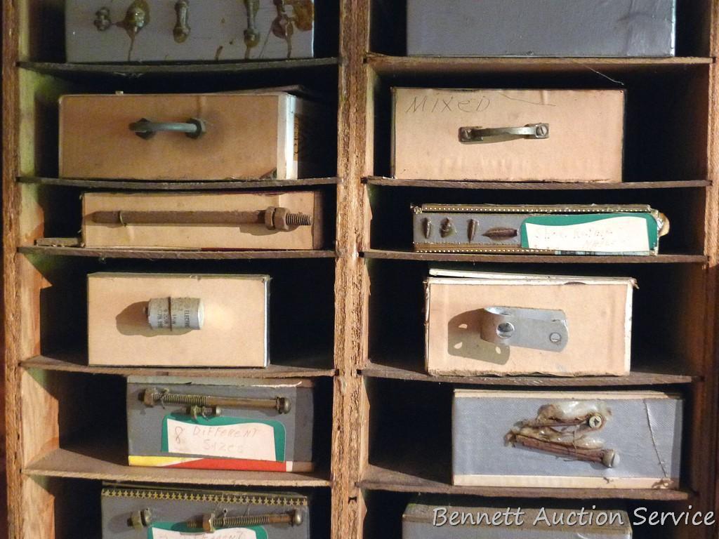 Shelving, boxes and contents. Includes hinges, screws, chain repair links and more.
