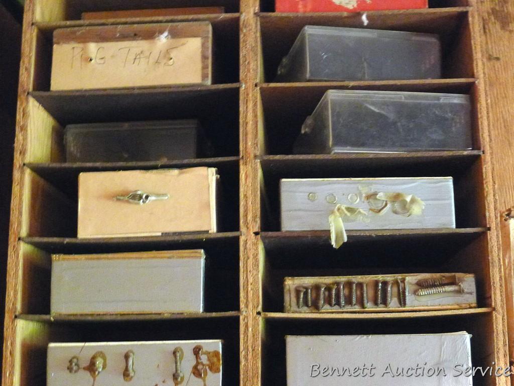 Shelving, boxes and contents. Includes hinges, screws, chain repair links and more.