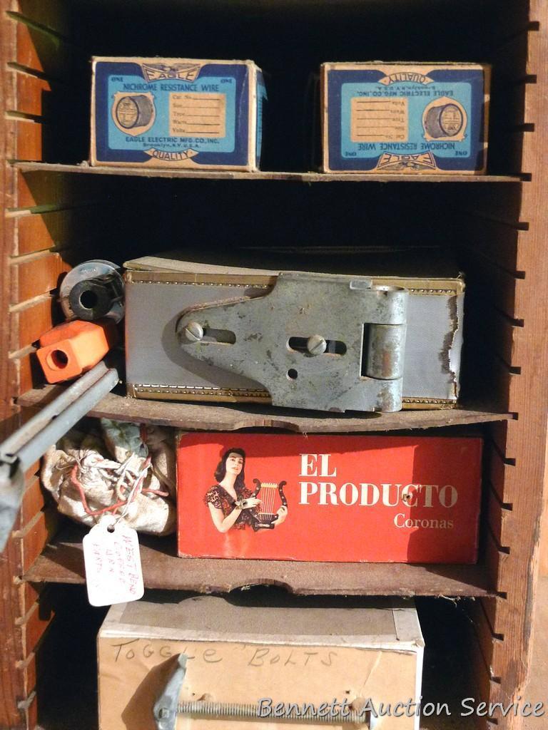 Shelving, boxes and contents. Includes hinges, screws, chain repair links and more.
