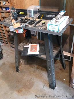 Wolfcraft Router station no. 640 mounted on metal stand. Includes bits; Craftsman router guide;