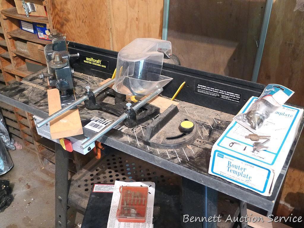 Wolfcraft Router station no. 640 mounted on metal stand. Includes bits; Craftsman router guide;
