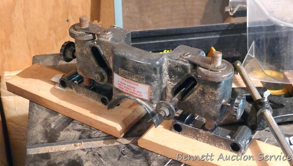 Wolfcraft Router station no. 640 mounted on metal stand. Includes bits; Craftsman router guide;