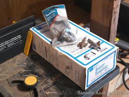 Wolfcraft Router station no. 640 mounted on metal stand. Includes bits; Craftsman router guide;