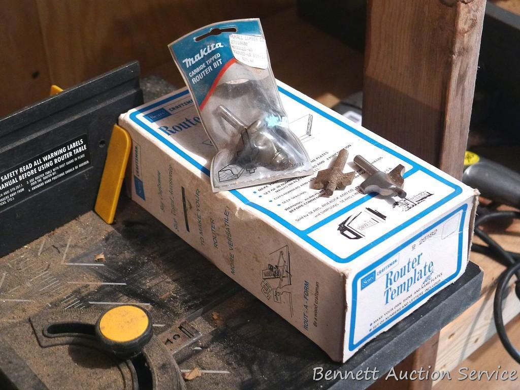 Wolfcraft Router station no. 640 mounted on metal stand. Includes bits; Craftsman router guide;