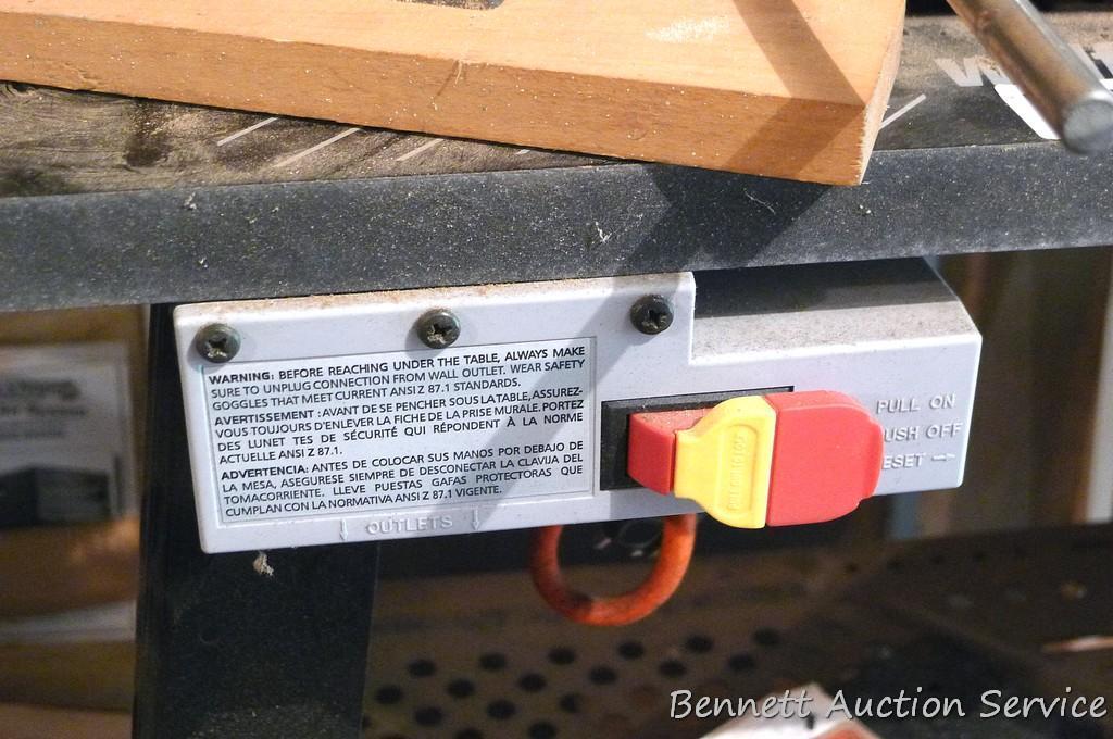 Wolfcraft Router station no. 640 mounted on metal stand. Includes bits; Craftsman router guide;