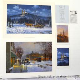 Four winter scene prints including: Sanctuary at Holy Hill (with sleigh) by George Kovach (21? x 28
