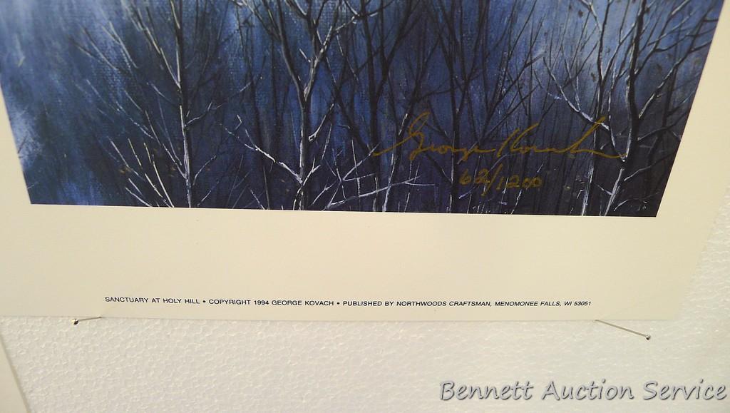 Four winter scene prints including: Sanctuary at Holy Hill (with sleigh) by George Kovach (21? x 28