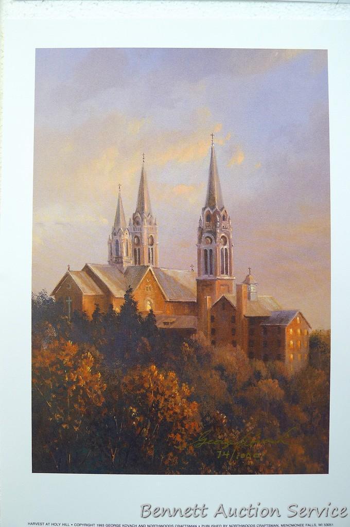 Four winter scene prints including: Sanctuary at Holy Hill (with sleigh) by George Kovach (21? x 28