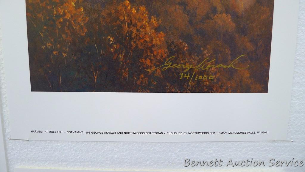 Four winter scene prints including: Sanctuary at Holy Hill (with sleigh) by George Kovach (21? x 28