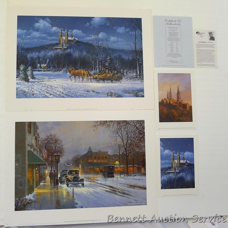 Four winter scene prints including: Sanctuary at Holy Hill (with sleigh) by George Kovach (21? x 28