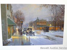 Four winter scene prints including: Sanctuary at Holy Hill (with sleigh) by George Kovach (21? x 28