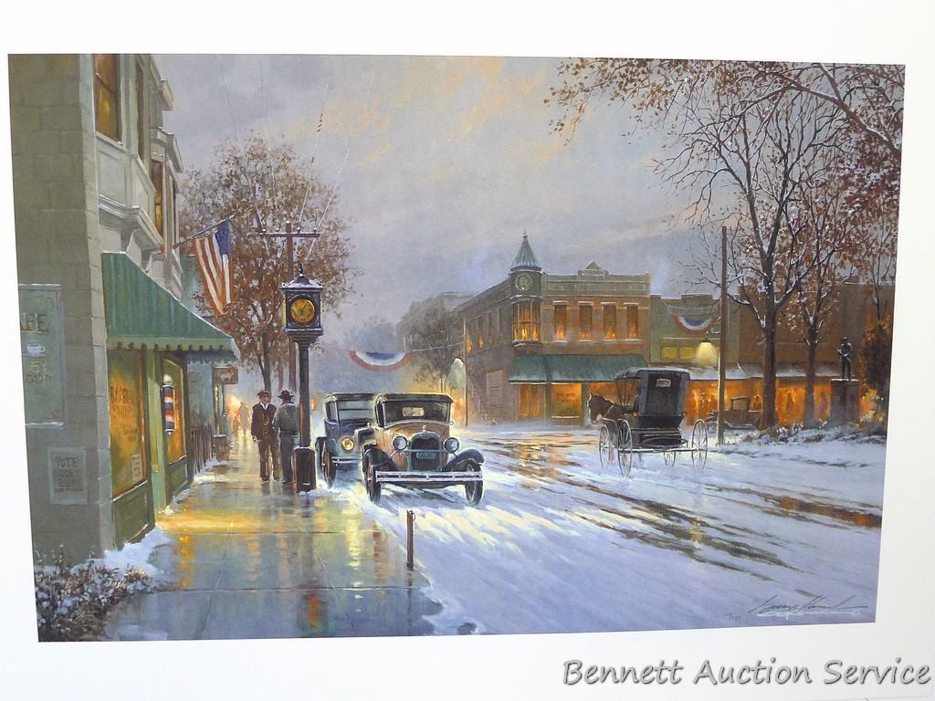 Four winter scene prints including: Sanctuary at Holy Hill (with sleigh) by George Kovach (21? x 28
