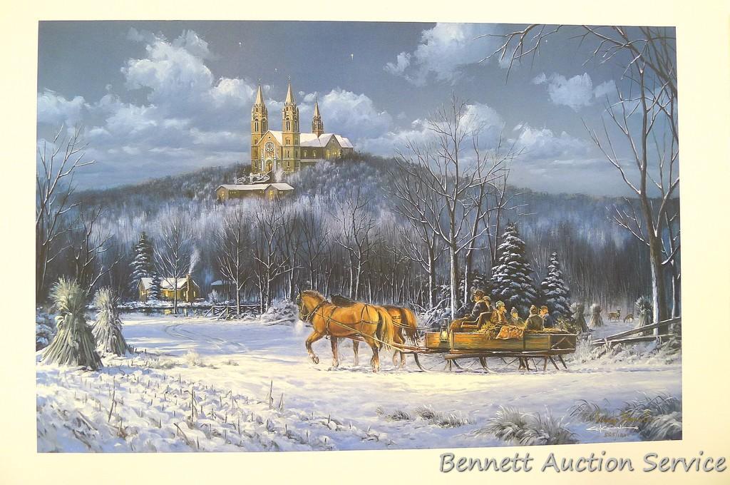 Four winter scene prints including: Sanctuary at Holy Hill (with sleigh) by George Kovach (21? x 28