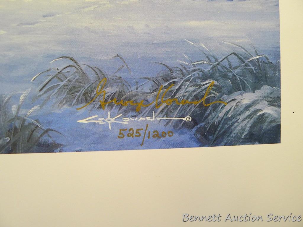 Four winter scene prints including: Sanctuary at Holy Hill (with sleigh) by George Kovach (21? x 28