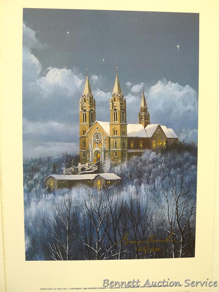 Four winter scene prints including: Sanctuary at Holy Hill (with sleigh) by George Kovach (21? x 28