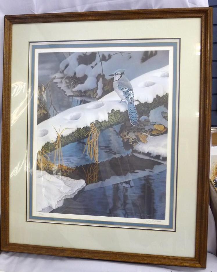 Signed & numbered Bluejay print by Jerry Gadamus, 344/600, 30" x 26".