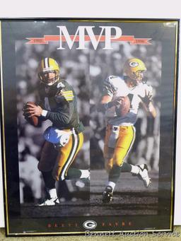 Framed poster of Green Bay Packer Brett Favre, 1995/1996 and measures 20" x 16" over frame.