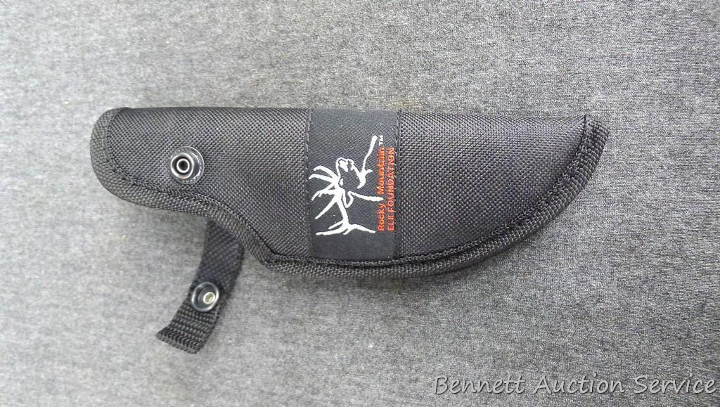 Buck hunting knife with a beautiful wood handle, model 480; has Rocky Mountain Elk Foundation on the